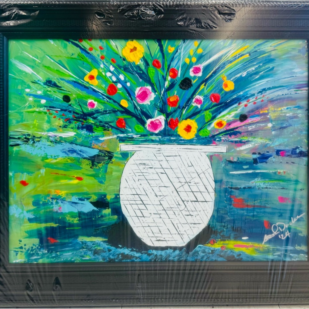 Colorful Floral Vase Painting in Black Frame